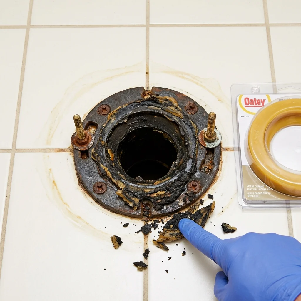 Failed wax ring showing water seepage at the base of a toilet in a Winfield, WV home