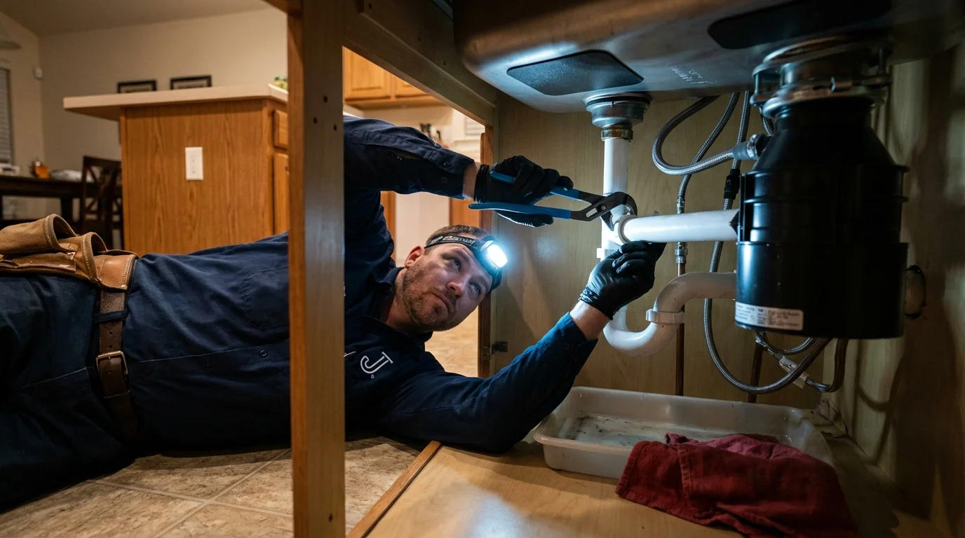 P-trap and supply line connections under a kitchen sink showing a common leak point in Winfield, WV